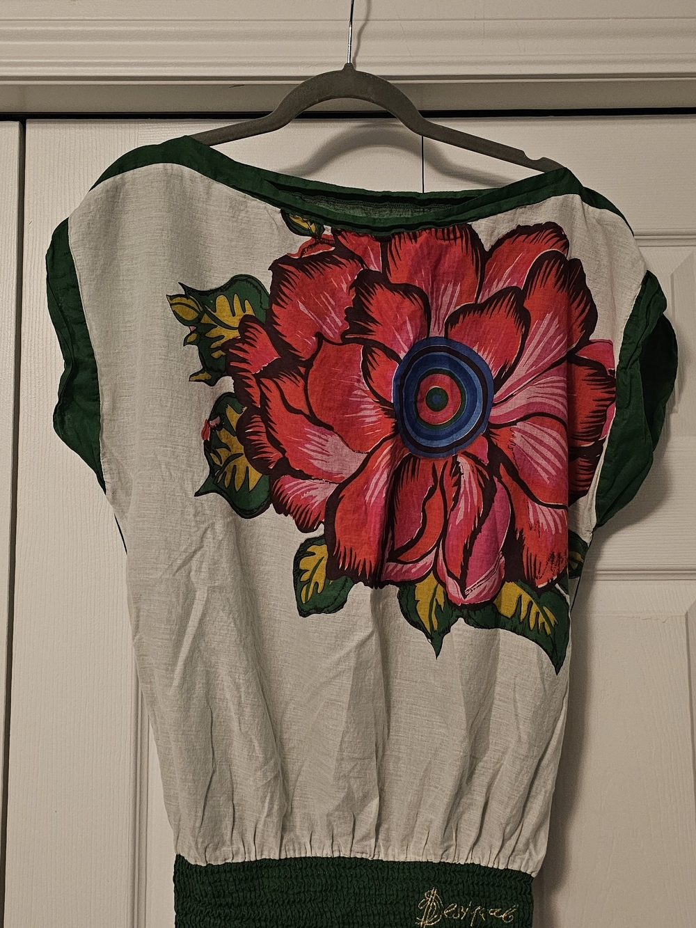 Desigual White Top with Pink & Red Floral Motif and Green Trim